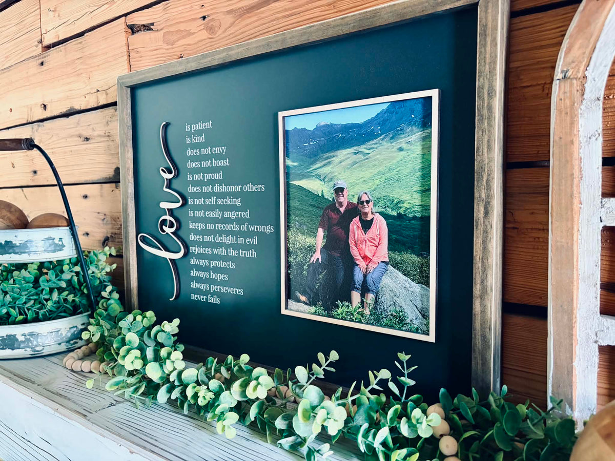 Personalized Couple Photo Sign | Love Is Patient Bible Verse | Custom Wedding & Anniversary Gift