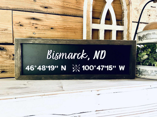 Custom City Coordinate Sign | Personalized Latitude & Longitude Sign | Raised Lettering & UV Printed Coordinates | Framed Wooden Sign | Farmhouse Home Decor