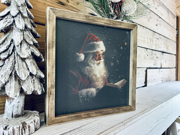 Santa Reading Christmas Sign – Farmhouse Holiday Wall Art Décor