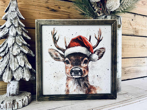 Cute Deer with Santa Hat Christmas Sign – Farmhouse Holiday Wall Décor