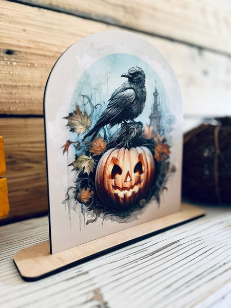 Halloween Crow and Pumpkin Wood Sign | Gothic Fall Decor | Spooky Jack-O'-Lantern Tabletop Display | Rustic Halloween Shelf Sitter