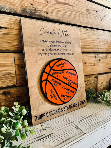 Personalized Coach Gift Sign – Custom Team Basketball Plaque with Player Names – End of Season Thank You Coach Gift – Team Appreciation Wood Sign