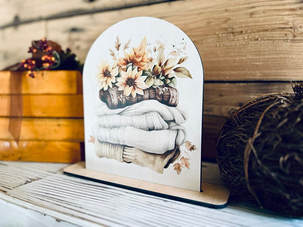 Fall Sweater Weather Shelf Sitter Sign | Cozy Autumn Decor with Sunflowers & Pumpkins | UV Printed Wood Sign for Tiered Tray Display