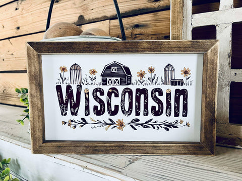 Wisconsin Farmhouse Sign with Flowers | Framed Barn & Silo Wood Wall Art | Country Home Decor | Printed Wisconsin State Sign