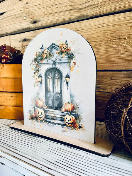 Halloween Porch Decor | Fall Pumpkin Door Sign | UV Printed Wood Arch Shelf Sitter | Farmhouse Halloween Decoration | Autumn Tabletop Decor