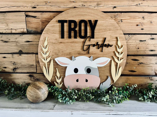 Personalized Cow Nursery Name Sign – Round Wood Wall Decor