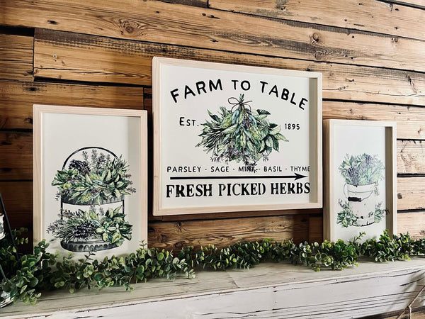 Farm to Table Herb Kitchen Sign Set – Framed Botanical Wall Art – Fresh Picked Herbs, Parsley Sage Mint Basil Thyme – Rustic Farmhouse Kitchen Decor