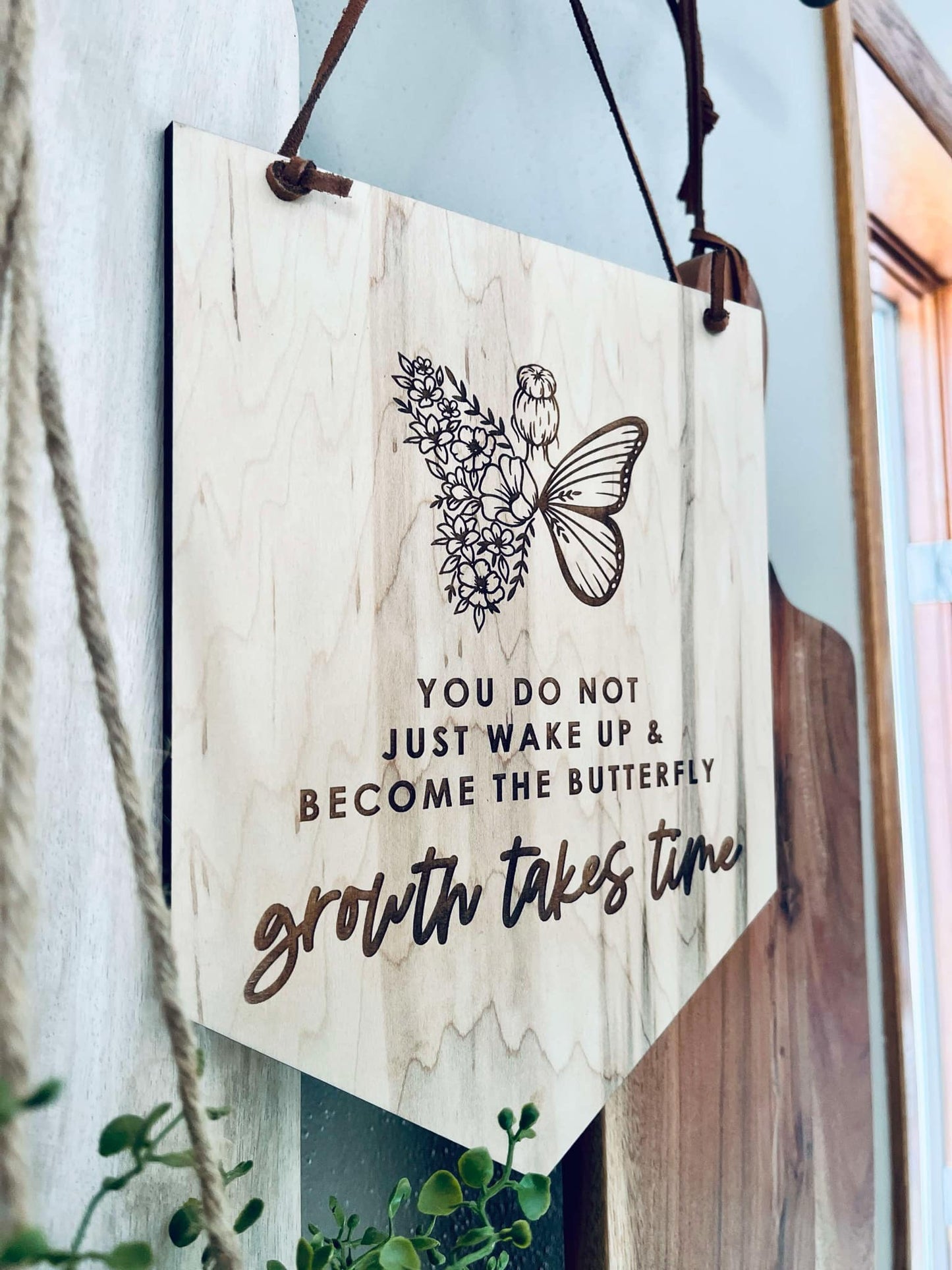 Growth Takes Time" Engraved Maple Wood Sign - Inspirational Wall Decor - Butterfly and Floral Design - Motivational Gift for Home or Office
