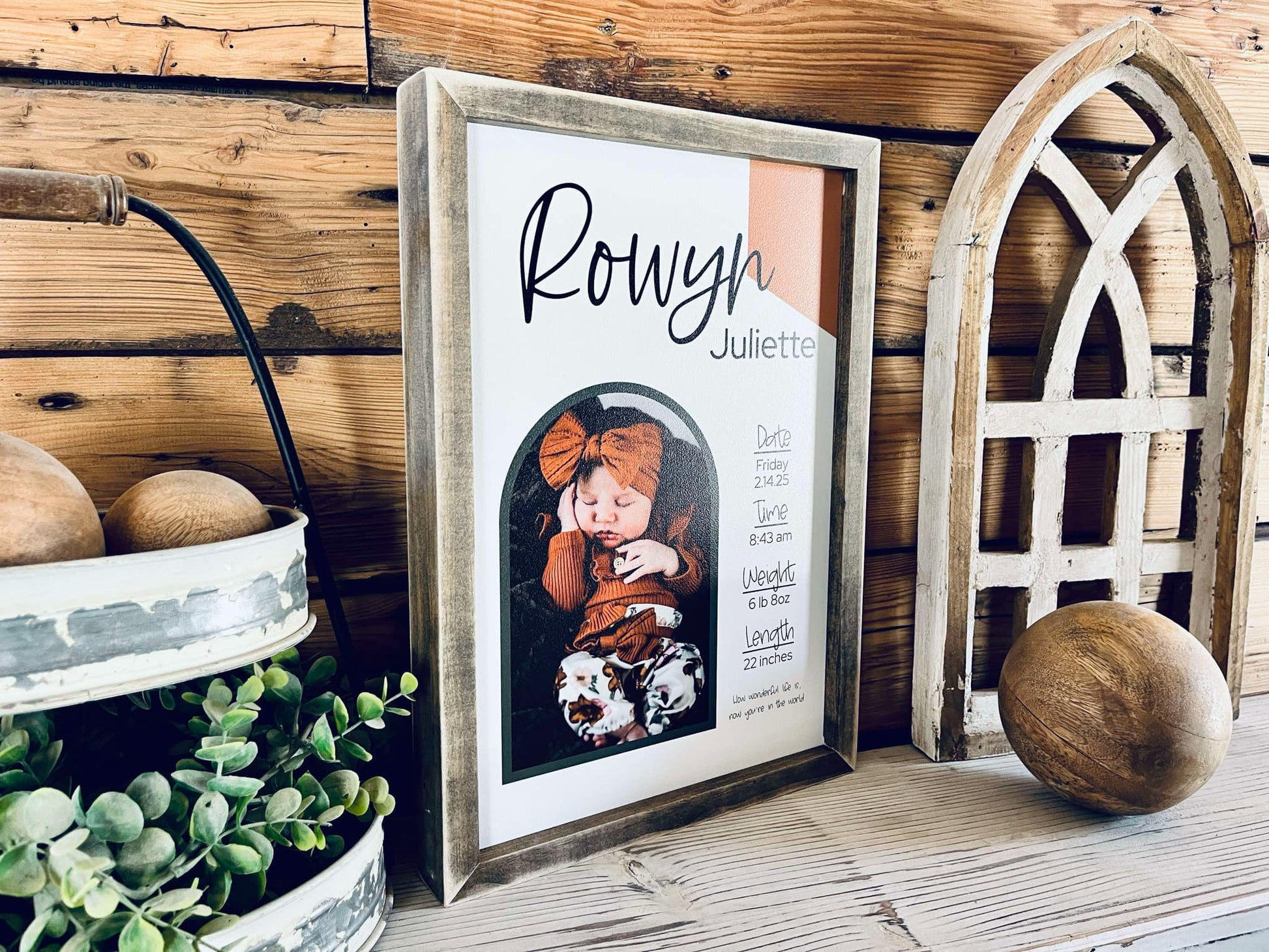 Framed 12x16 newborn photo printed on wood with birth statistics