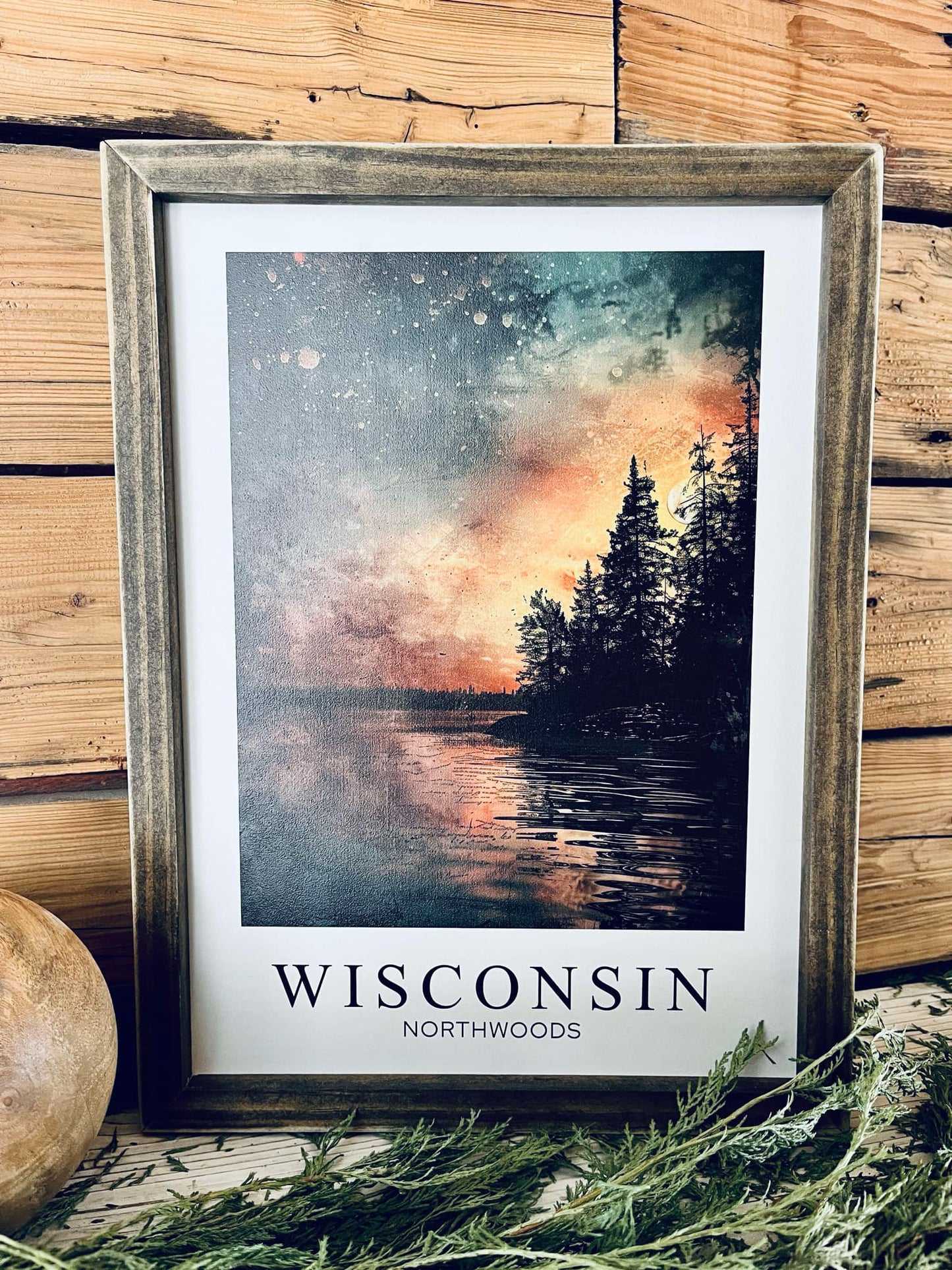 Wisconsin Northwoods Wall Art - Framed Night Sky Print with Lake & Trees | Northern Lights | Cabin Decor | Nature-Inspired Wisconsin Gift