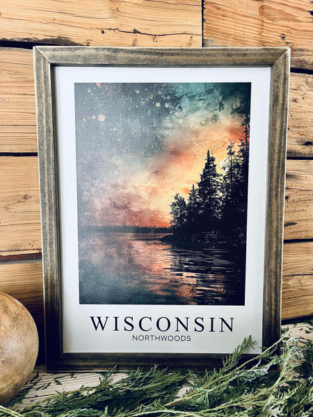 Wisconsin Northwoods Wall Art - Framed Night Sky Print with Lake & Trees | Cabin Decor | Nature-Inspired Wisconsin Gift