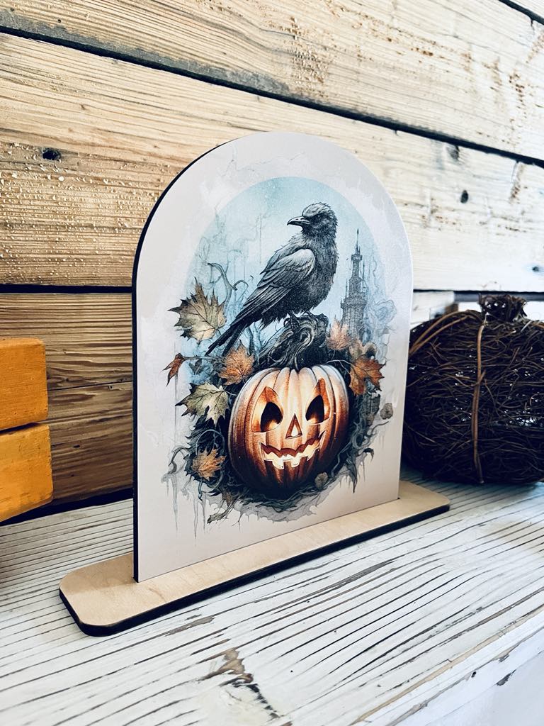 Halloween Crow and Pumpkin Wood Sign | Gothic Fall Decor | Spooky Jack-O'-Lantern Tabletop Display | Rustic Halloween Shelf Sitter