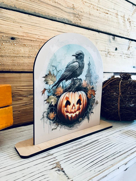 Halloween Crow and Pumpkin Wood Sign | Gothic Fall Decor | Spooky Jack-O'-Lantern Tabletop Display | Rustic Halloween Shelf Sitter