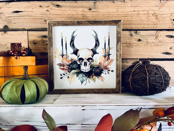 Skull Halloween Wall Art | Framed Fall Gothic Decor | UV Printed Skull and Candle Sign | Spooky Autumn Home Accent | 12x12 Print