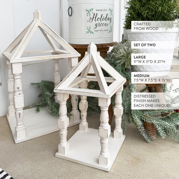 Distressed White Turned Wooden Open Lanterns, Set of Two