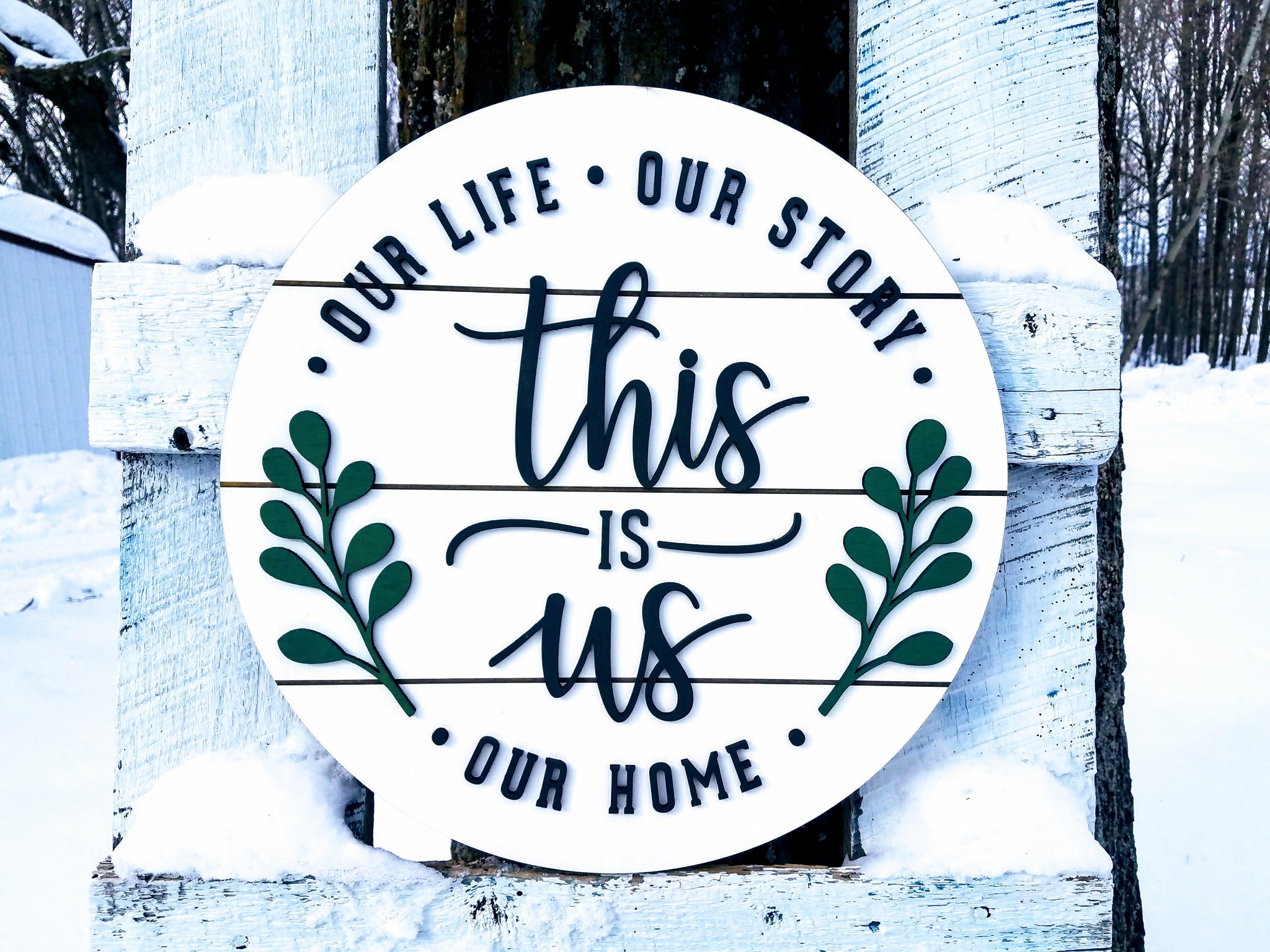 This is Us Round Shiplap Sign | Our Life Our Story Our Home | Raised Lettering Farmhouse Sign with Shiplap