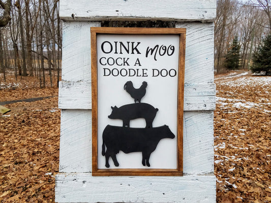 Oink Moo Cock a Doodle Doo 3D Farmhouse Animal Sign | Laser Cut Wood Sign