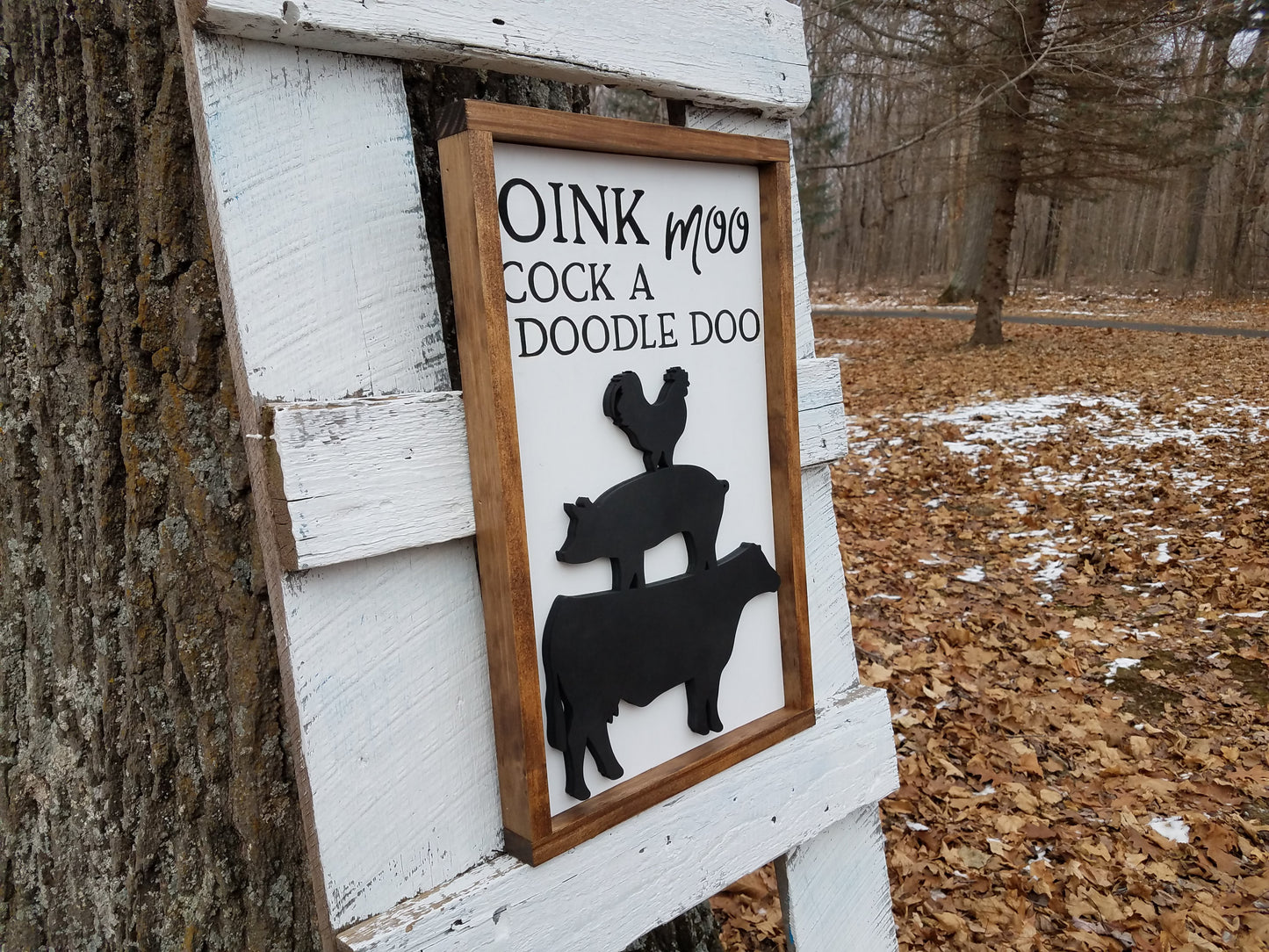 Oink Moo Cock a Doodle Doo 3D Farmhouse Animal Sign | Laser Cut Wood Sign