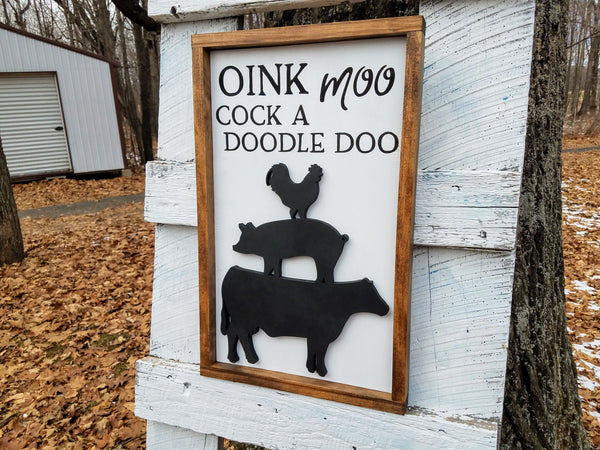 Oink Moo Cock a Doodle Doo 3D Farmhouse Animal Sign | Laser Cut Wood Sign