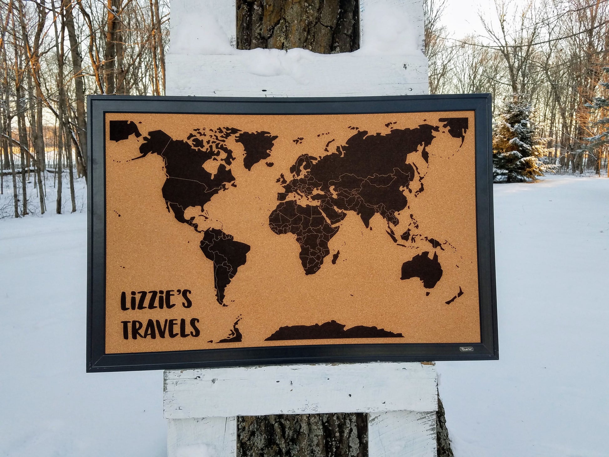 Personalized World Travel Tracker Map on Framed Cork Board