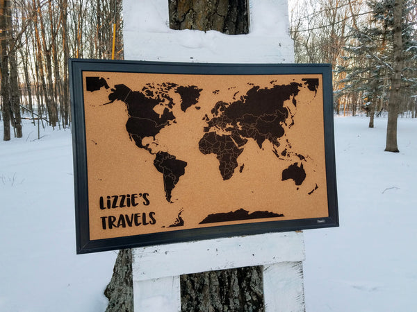 Personalized World Travel Tracker Map on Framed Cork Board