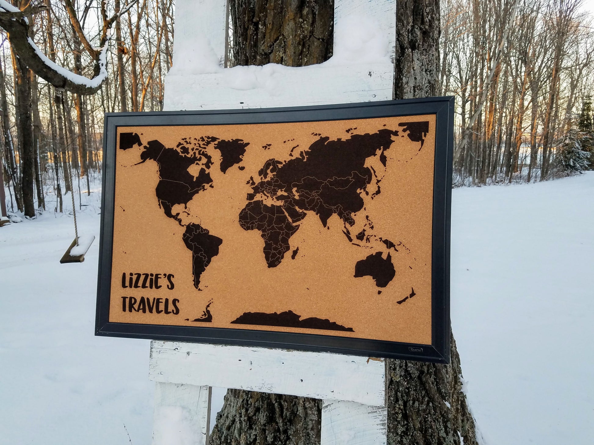 Personalized World Travel Tracker Map on Framed Cork Board