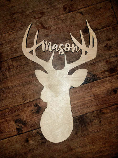 Personalized Deer Head with Antlers | Wood Cutout Sign