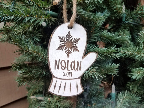 Farmhouse Christmas Ornament | Personalized Kid's Wood Christmas Ornament | Mitten