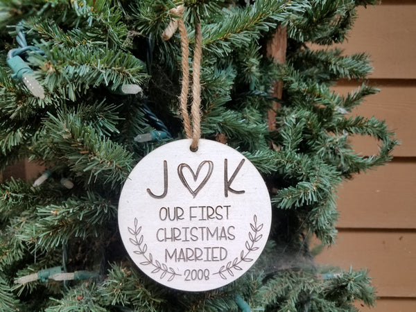Farmhouse Christmas Ornament | Personalized Wood Christmas Ornament | First Christmas Married