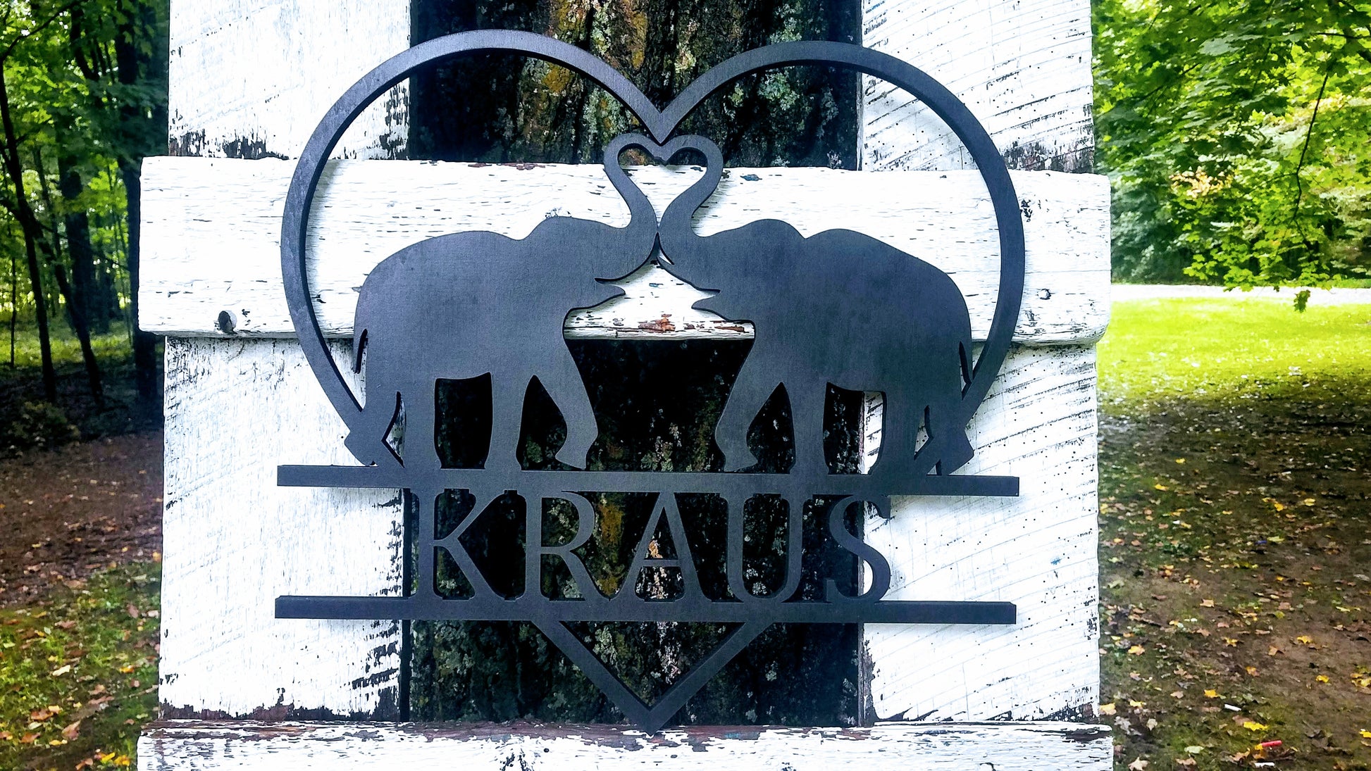 Personalized Elephants with Trunks in a Heart Wood Cutout | Elephant Love Sign