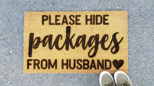 Please Hide Packages from Husband | Funny Coir Door Mat