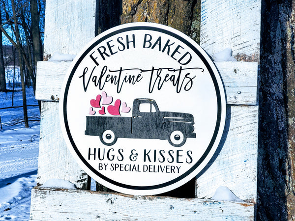 Valentine's Day Fresh Baked Treats Sign | Raised Farmhouse Sign | Valentine's Day Decor | Round Sign