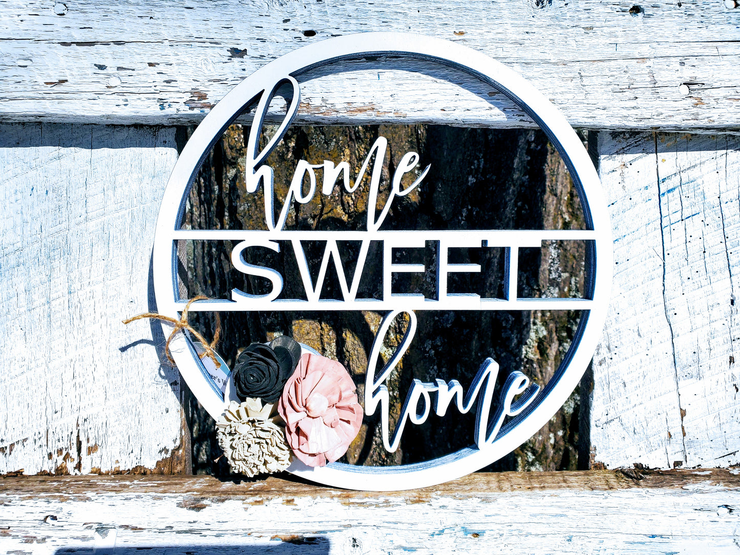 Round Home Sweet Home Sign | Laser Cut Wood Sign | Custom Cut Out | Sign with Wood Flowers | Wreath Addition | Wreath Decor