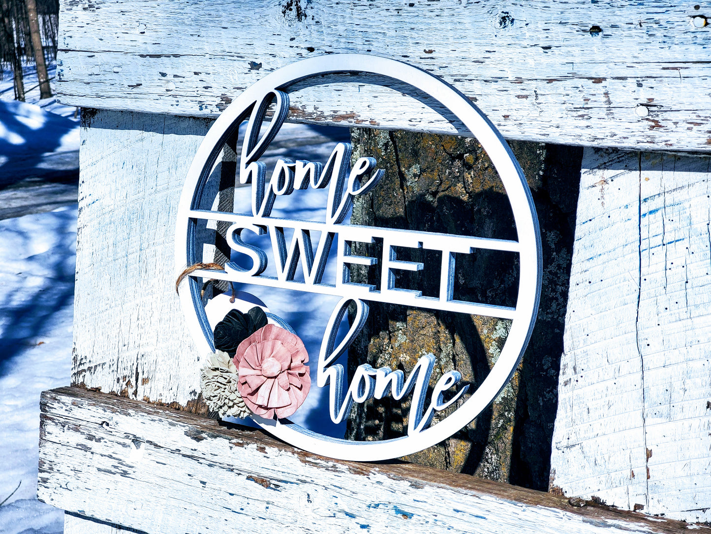 Round Home Sweet Home Sign | Laser Cut Wood Sign | Custom Cut Out | Sign with Wood Flowers | Wreath Addition | Wreath Decor