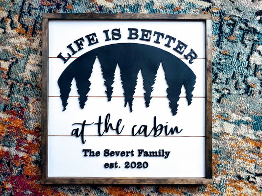 Life Is Better At The Cabin Sign with Family Name and Est Date
