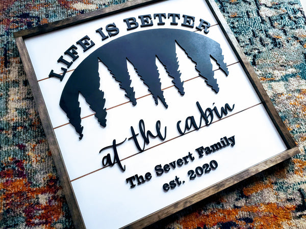Life Is Better At The Cabin Sign with Family Name and Est Date