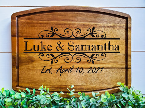 Engraved Acacia Wood Cutting Board | Farmhouse Kitchen Decor | Personalized Wedding Gift
