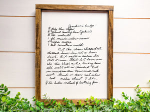 Custom Handwritten Recipe Sign | Wood Framed Engraved Sign