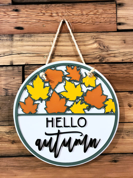 Hello Autumn Round Sign | Fall Front Door Sign | Round Welcome Sign