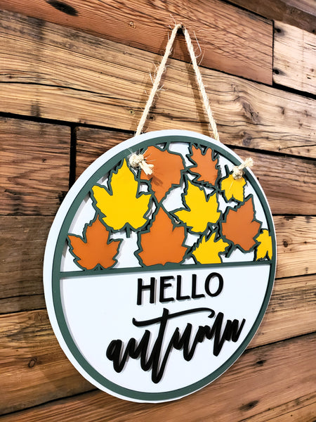 Hello Autumn Round Sign | Fall Front Door Sign | Round Welcome Sign