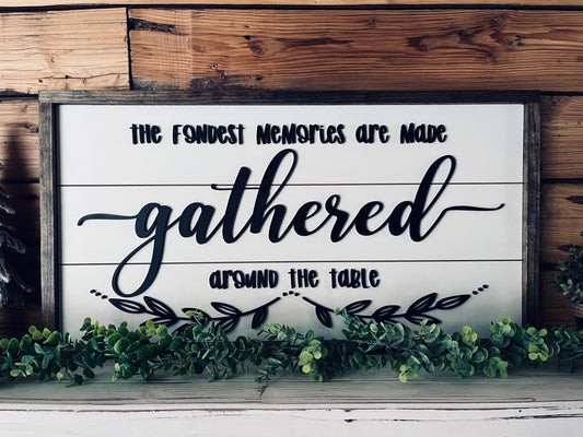 The Fondest Memories are Made Gathered Around the Table | Farmhouse Sign | Framed Sign with Raised Lettering
