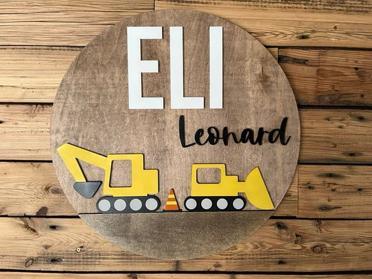 Nursery Name Sign for Boy | Round Wood Nursery Sign | Construction | Dump Truck