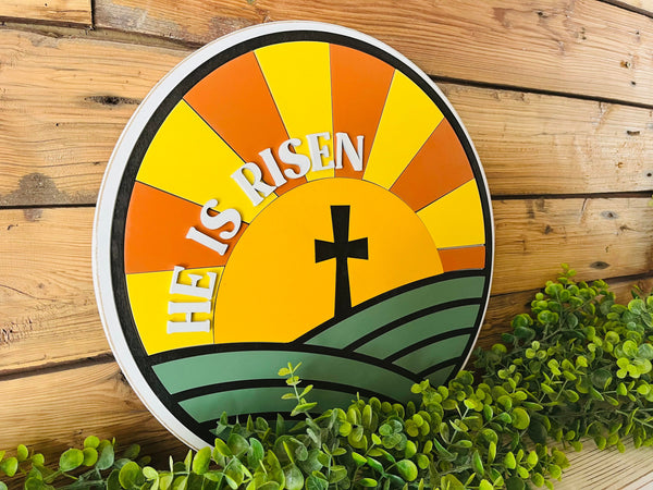 READY TO SHIP - He is Risen Easter Sign | Spring Round Door Hanger Sign