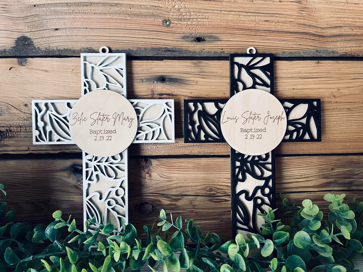 Personalized Baptismal Gift | Personalized Wood Cross | Floral Background