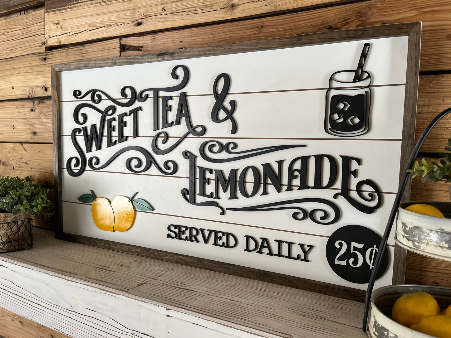 Sweet Tea & Lemonade Sign - Vintage Style Wood Wall Decor - Served Daily - 25¢ - Farmhouse Chic Beverage Bar Sign