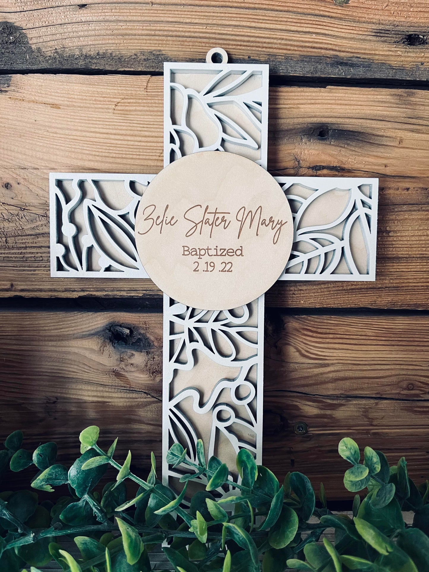 Personalized Baptismal Gift | Personalized Wood Cross | Floral Background