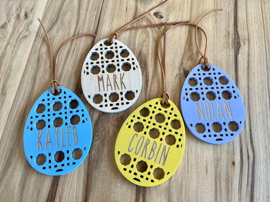 Easter Basket Name Tag | Personalized Wood Easter Rattan Design | Engraved Name Tag