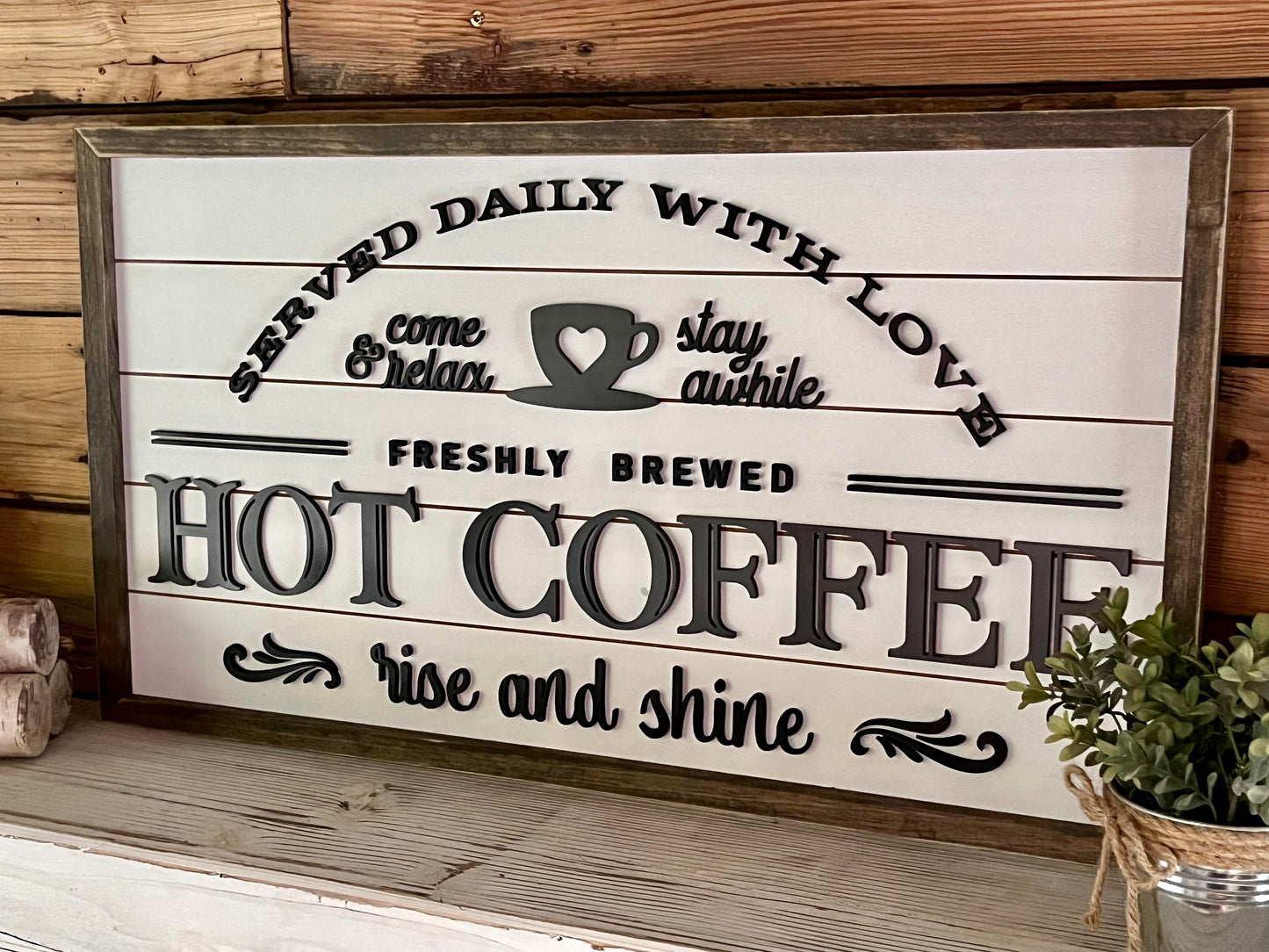 Hot Coffee Farmhouse Sign | Hot Coffee Served Daily with Raised Lettering and Shiplap