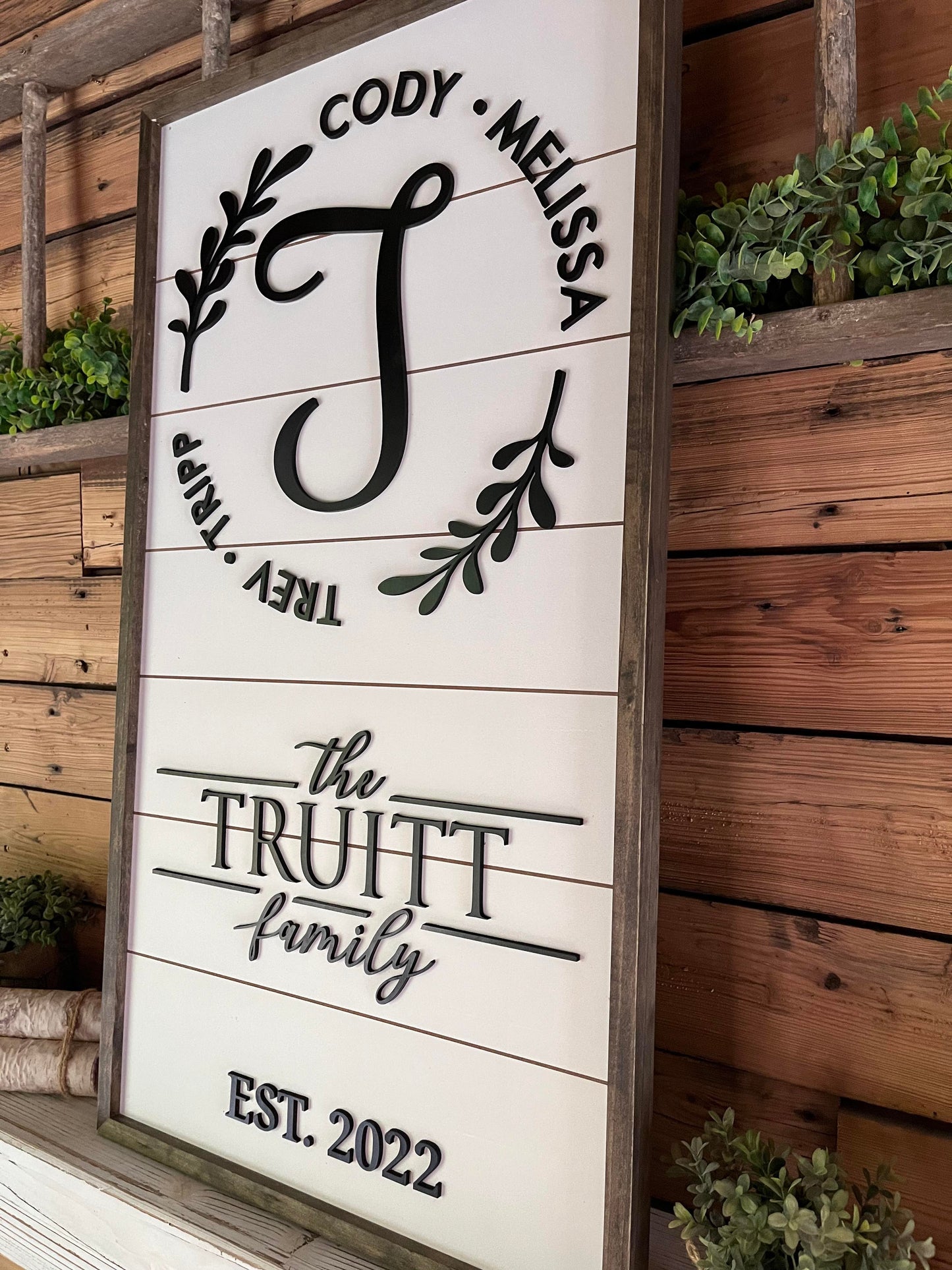 Personalized Raised Lettering Last Name Sign on Shiplap | Names in Wreath