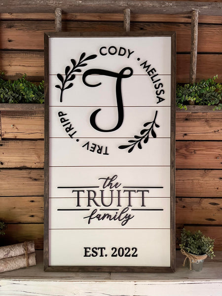 Personalized Raised Lettering Last Name Sign on Shiplap | Names in Wreath
